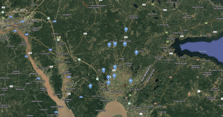 Map of water quality monitoring sites in the Chignecto watersheds